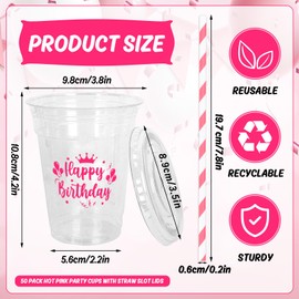 Whaline 50Pcs 12Oz Happy Birthday Disposable Plastic Cups with Lids and Straws Hot Pink Cold Beverage Drinking Cups for Home Kitchen Birthday Party Supplies