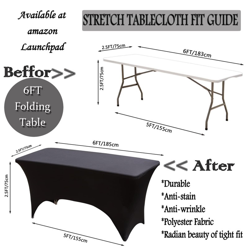 Spandex Tablecloth [6FT, Black] Tight, Fitted, Elastic Massage, Washable and