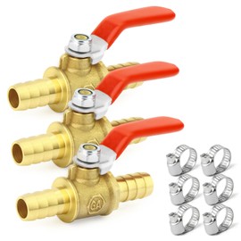 GASHER 3PCS 8mm Inch Heavy-Duty Brass Barb Ball Valve with 6PCS Clamps 90 Degree Operating Handle
