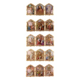 Needzo Stations of The Cross Plaques, Catholic Wood with Metallic Gold Tone Details Religious Decorations, 3 5/8 Inch, 16 Piece Set