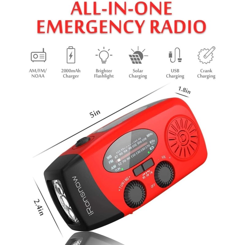 iRonsnow Solar Hand Crank Weather Radio AM/FM NOAA, LED, SOS,