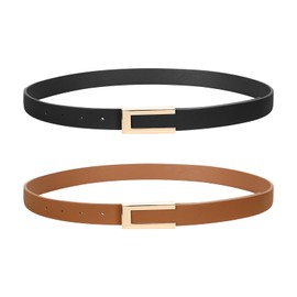 SUOSDEY 2 Pack Slim Belt for Women, Thin Leather Belt, Fashion Waist Belt for Dress, Jeans with Gold Buckle, Black and brown