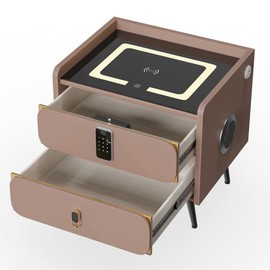 Smart Nightstand with Safe, Two-Drawer Multifunction LED Nightstand Modern End Table with 3 Color LED, Wireless Charging Station Bedside Table for Bedroom(Light Gray)