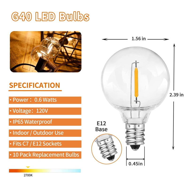 CHYSUPER 10PK G40 LED Replacement Bulbs, 0.6W 2700K Warm White,