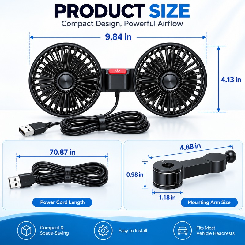 Dual Head Car Fan for Rear Seat Cooling – 3-Speed