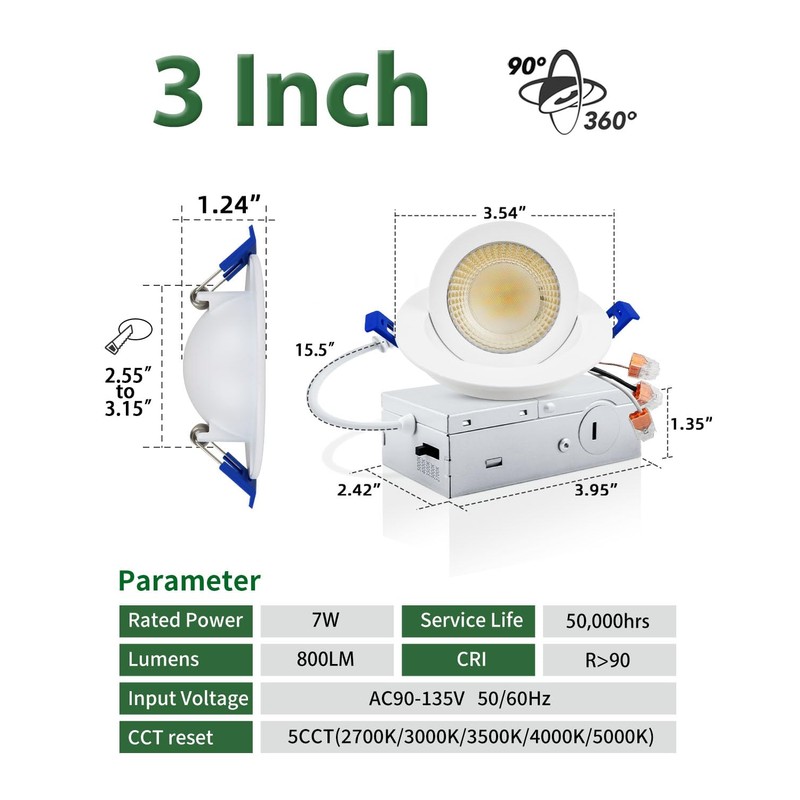 zouzai 5CCT LED Gimbal Led Recessed Light with Junction Box,