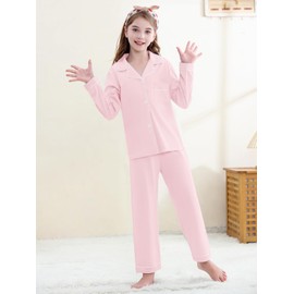 QZH.DUAO 100% Cotton Pajamas Set, Girls PJs Button Down Long Sleeve Sleepwear Nightwear Loungewear, Pink, 9-10 Years