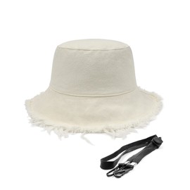 Zylioo Stylish Tassel Floppy Bucket Sun Hats,UV Frayed Fishing Hats with Chin Strap,Breathable Fringe Sunblock Travel Hats Beige