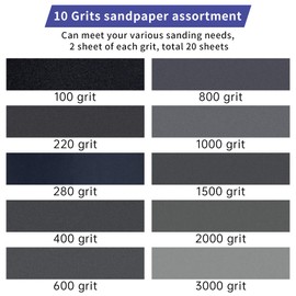 Wet Dry Sandpaper, Waterproof 100/220/280/400/600/800/1000/1500/2000/3000 Sand Paper Sheet for Automotive Sanding - Furniture Finishing - Wood Turing Finishing (20 Pcs)