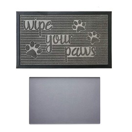 Gorilla Grip Doormat and Pet Feeding Placemat, Doormat is Size 29x17 in Gray Stone Paws Pattern, Pet Feeding Mat is Size 18.5x11.5 in Gray, Great for Messes from Dogs and Cats, 2 Item Pet Bundle