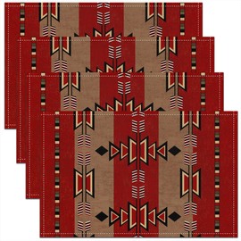 meiyoeat Western Ethnic Tribal Placemats Set of 4 18"x12" Kids Wild West Table Place Mats for Boys Girls Teens Boho Exotic Placemat for Kitchen Dining Table Decor Indoor Outdoor Bohemian Red Geometry
