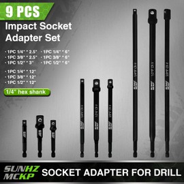 SUNHZMCKP 9-Piece Impact Grade Power Drill Sockets Adapter Sets, 3", 6", and 12" Hex Shank Impact Driver Socket Adapter, Socket to Drill Adapter 1/4" 3/8" 1/2" Impact Driver Adapter