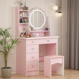 Upgraded Makeup Vanity Set with 5 Drawers, Light Shelf, Round Mirror, and Cushioned Stool - Color: White(No Light) , Type: No Light