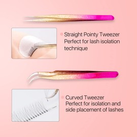 Miuffue Straight and Curved Pointed Tweezers for Eyelash Extension, 2 PCS Lash Tweezer Set, Stainless Steel Professional Eyelash Extension Tweezers for Volume, Isolation and Classic Lashes