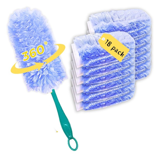 Frescares 360 Degree Heavy Duty Duster Refills(Blue,18 Refills+1Handle),Static Dust Removal Brush Disposable Head Compatible with Swiffer Hand Duster for Dusting Electronics,Blinds,Ceiling Fans