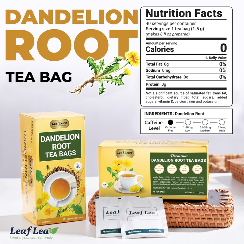 LeafLea 40 Dandelion Root Tea Bags, Dandelion Tea Supports Wellness