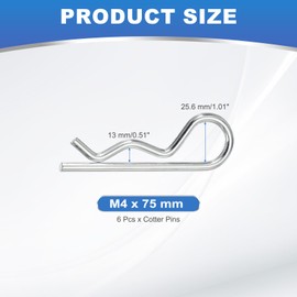 PATIKIL M4 x 75 mm Cotter Pin Assortment Kit, 6 Pcs Heavy Duty R Clips Hardware Pin Carbon Steel Spring Fasteners Hitch Pin for Trailer Locking Lawn Mowers Truck, Silver Tone