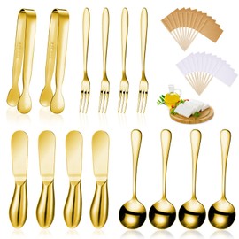 Juego de 14 piezas de accesorios para mesa de charcutería, cuchillos esparcidores de queso, utensilios de charcutería, cuchillos esparcidores de acero inoxidable, mini pinzas para servir cucharas y tenedores para hacer queso y pasteles (dorado)