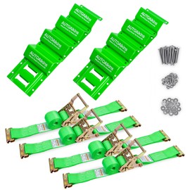 AUTOAlkins Wheel Chock Tie Down Kit, Trailer Tie Down Strap Kit, Heavy Duty Trailer Tie Down System for UTV, ATV, Mower, etc, Wheel Chock & Tie-Down Accessories, 4-Tire Kit (Green)