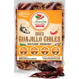 Guajillo Chiles Peppers Dried Whole 1lb (16oz) – Natural and Premium. Great For Mexican Recipes Like Mole, Tamales, Salsa, Meats. Mild to Medium Heat, Complex Fruity Flavor. Resealable Bag.