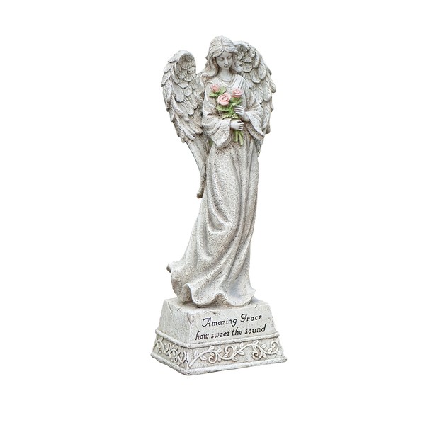 Roman Exclusive Standing Angel with Roses and Amazing Grace Verse, 14-Inch, Made of Resin Stone