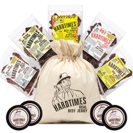 Hardtimes Beef Jerky - Variety, Specialty Gift Bag - Great Gift for Father's Day, Holiday, & Birthday - 5 Pack of 2.25 oz Bags Original, Black Pepper, Hot, Teriyaki, & Sweet Heat - 4 Jerky Chews
