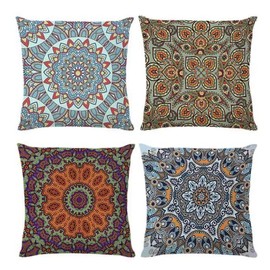 BAOKU Colorful Vintage Mandala Cushion Covers,Dark Purple Flora Decorative Pillow Covers Cushion Case Outdoor Sofa Garden Pillow Covers for Couch Living Room Bed Indoors Home Decor Set of 4