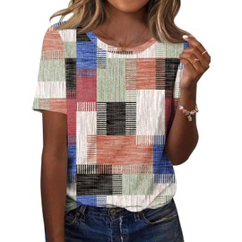 TCOT Women's Short Sleeve Crew Neck Tops for Women Spring Casual Floral Spring Clothes 2025 Pullover Shirts L