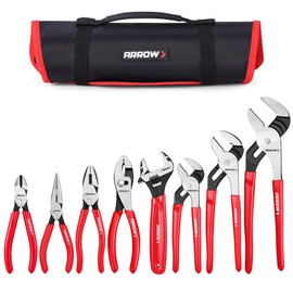 ARROW 8PCS Pliers & Wrench Set, 6" Needle Nose Pliers, 6" Side Cutters, 7" Linesman, 8" Slip Joint, 8" & 10" & 12" Groove Joint and CRV 8" Adjustable Wrench, Portable Rolling Bag With Handle