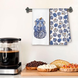 ChenCraty Blue and White Pumpkin Fall Kitchen Towels, Chinoiserie Pumpkin Autumn Dish Tea Towel for Kitchen Decor, Grandmillennial Fall Decorative Hand Towels for Bathroom, 16x24 Inches Set of 2