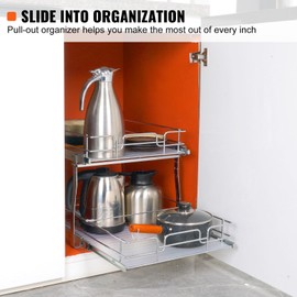 Happybuy 2 Tier 16" W x 21" D Pull Out Cabinet Organizer, Heavy Duty Slide Out Pantry Shelves, Chrome-Plated Steel Drawers for Kitchen, Bathroom.