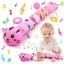 Vpkefla Baby Toys 0 to 12 Months, Stuffed Animal Infant Tummy Time Toys Sensory Toys with Crinkle Rattles Textures and Mirror Gifts for Newborn Boys Girls, Cat Caterpillar Musical Toys (Pink)