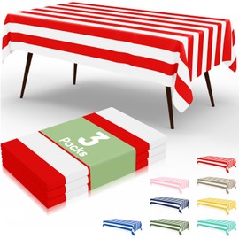 misaya 3 Packs Striped Disposable Table Cloth, 54 x 108 Inch Waterproof Rectangle Tablecloth, Leakproof & Sturdy Decorative Table Covers for Picnic, Party, Back to School and Outdoor, Red and White