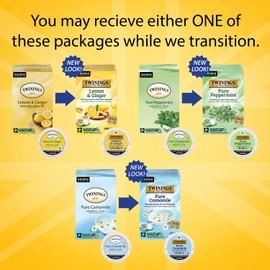 Twinings Herbal Tea K-Cup Pods for Keurig, Variety 3-Pack – Pure Peppermint, Pure Camomile + Lemon & Ginger Tea K-Cups, Naturally Caffeine-Free, 12 Count Each