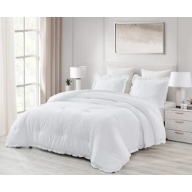 Chezmoi Collection Nora 3-Piece Ruffled Edge Trim Soft Washed Microfiber Comforter Set (Oversized King, White)
