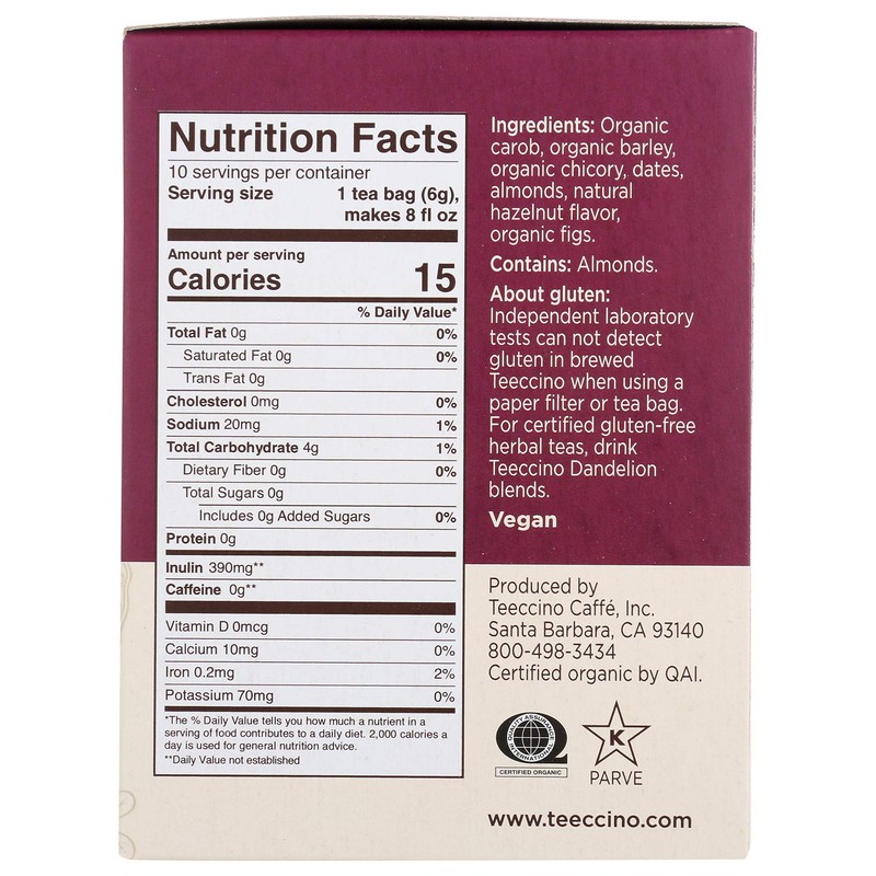 Teeccino Hazelnut Roasted Herbal Tea - Caffeine Free, Prebiotic, 3x