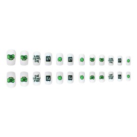 Press on Nails Short Length Green Shamrock Letter Design False Nails White French Square St. Patrick's Day Fake Nails 24Pcs Full Cover Glossy Reusable Artificial Acrylic Nails Glue on Nails for Women