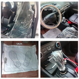 BMGRKYQX Pack of 40, 10 x plastic car floor mats, 10 x steering wheel cover, plastic, 10 x disposable car seat covers, front seats, 10 x gear lever, protective covers, disposable, universal, anti-dust