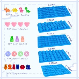 Sidosir 7Pcs Non-Stick Safari Jungle Animal Chocolate Silicone Mold, Gummy Bear Mold for Parties, Silicone Dinasur for Make Gummies, Gummy Heart for Home Diy