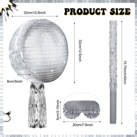 Aoriher Disco Ball Piñata 12.6 x 12.6 x 3 Inch Disco Party Game Set Mirror Ball Piñata Silver Foil 80s 90s Decoration with Stick Mask for Retro Theme Birthday Wedding Party Supplies Decor