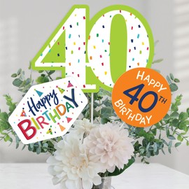 40th Birthday - Cheerful Happy Birthday - Colorful Fortieth Birthday Party Centerpiece Sticks - Table Toppers - Set of 15