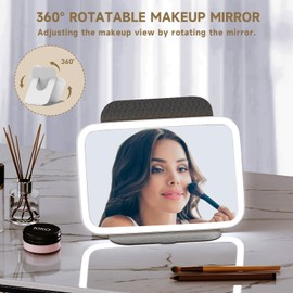 Mocado Travel Makeup Mirro with Lights, 360° Rotation Lighted Makeup Mirror, Portable Mirror with 10x Magnification, 60LEDs 3 Color Lightings, Dimmable Touch Screen, Tabletop Light up Mirror(White)