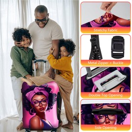 JANENFNA Luggage Cover + Luggage Tag, Blackgirl with Glasses Washable Elastic Travel Suitcase Protector With Concealed Zipper for Men Women Teens Boys Girls L (26-28 Inch Suitcase)