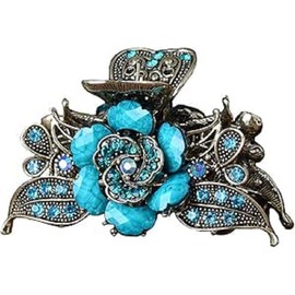 Women Lady Retro Rose Flower Imitation Turquoise Hair Claw Clip Vintage Alloy Rhinestone Non-Slip Hair Jaw Clips Hairpin Hair Clamp (Blue, One size)
