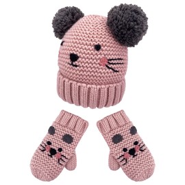 Girls Hats and Mittens Set Winter Knitted Pom Pom Bobble Beanie Hat and Mittens Gloves 2 Piece Set Rabbit Design (Rabbit, L)