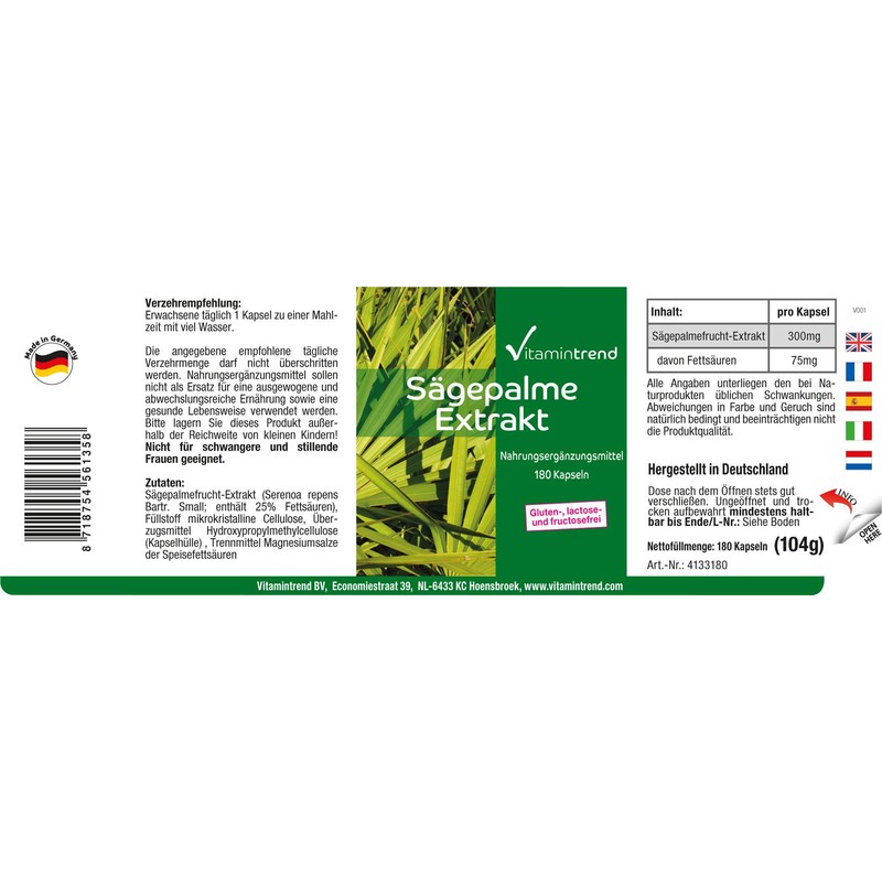 Saw Palmetto Extract 300 mg - 180 Capsules - Vegan