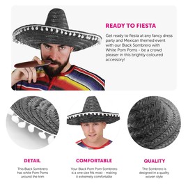 Adults Sombrero Hat - Black Mexican Sombrero With White Pompom Details - Mens Ladies Mexican Cinco De Mayo Fiesta Fancy Dress Costume Accessory (Pack Of 1)