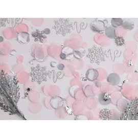 Winter Onederland 1st Birthday Girl Decorations, Snowflake Confetti, Snowflake Table Decorations (Pink and Silver, One Snowflake)