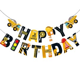 Banner de construcción de feliz cumpleaños, guirnalda de dibujos animados para camión volquete de construcción, decoración de cumpleaños con temática de automóvil para niños, divertidos suministros de