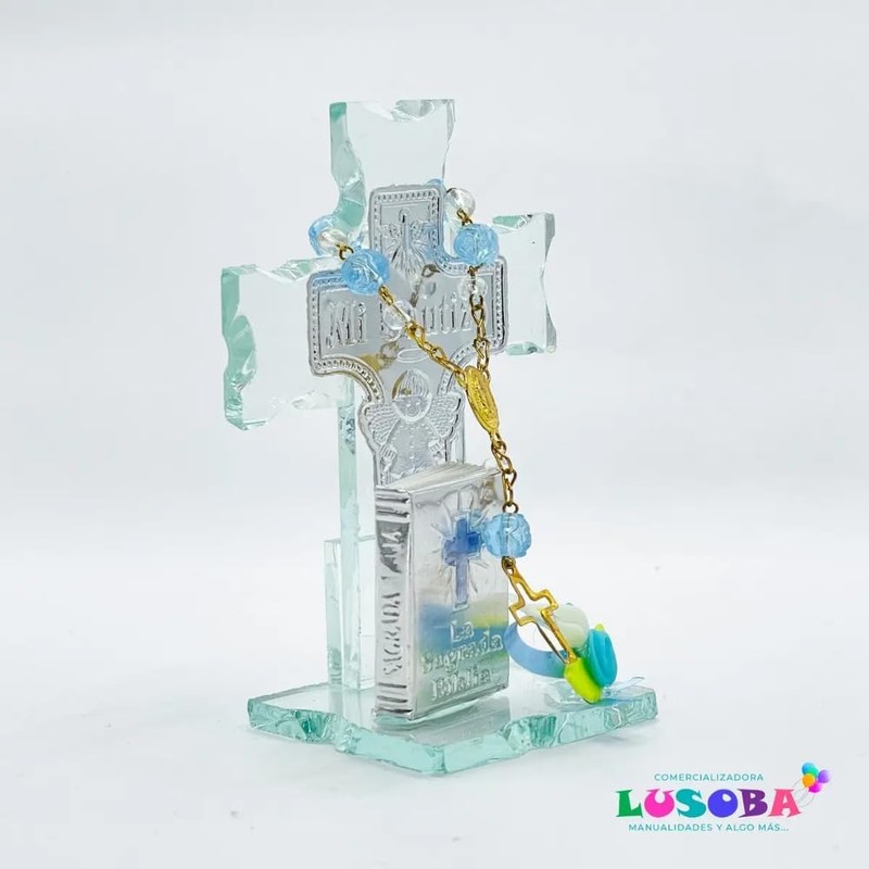 Cruz de Cristal con Mono y Mini Biblia Azul 12
